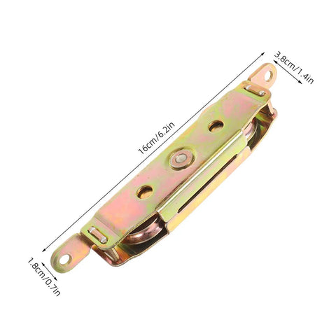 Premium Heavy Duty Sliding Door Wheel Pulley Replacement Kit Featuring A Smooth Gliding Double Iron Roller Design. Detail of yellow metal pulley, 16cm long.