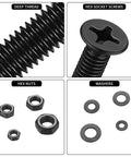 Close-up of M2 to M5 Screws and Nuts Kit with Washers, black Phillips countersunk flathead components in detail