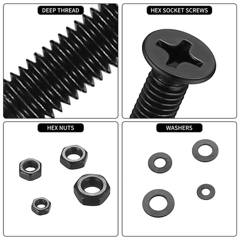 Close-up of M2 to M5 Screws and Nuts Kit with Washers, black Phillips countersunk flathead components in detail