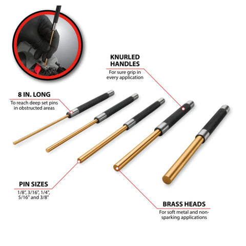 Brass Roll Pin Punch Set With Knurled Steel Handles 8 Inch 5 Piece For Deep Pins Reach In Tight Spots Grippy Knurled Grip Makes Pin Removal Easy