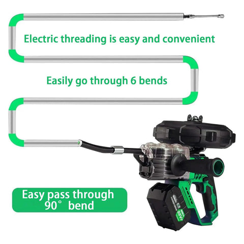 Top Shelf Cordless Wire Threading Tool with battery, designed for easy electric threading through bends.