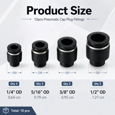 Snag This 10 Piece Pneumatic Quick Connect Kit With Push To Connect Air Line Fitting Plug Adapters In Cap Style For 1/4 5/16 3/8 And 1/2 Inch Tubing That Rock Solid Build For All Your Heavy Duty Projects. 10pc cap plug fittings in 1/4 to 1/2 OD sizes