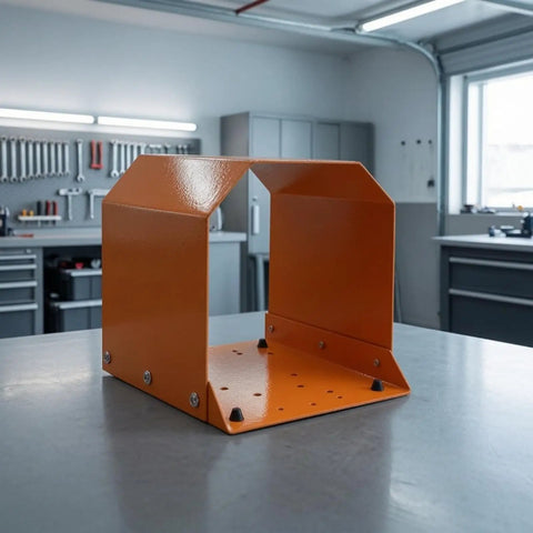 Heavy Duty Grey Foot Switch Guard Cover With Angled Hooded Shape And Textured Coating For Tight Machine Shop Spaces Durable Hardware Accessory, orange color, showing angled design.