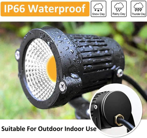 Close-up of Low Voltage 5W LED Landscape Lights Warm White 12V 24V with waterproof rating IP66 for garden and patio.