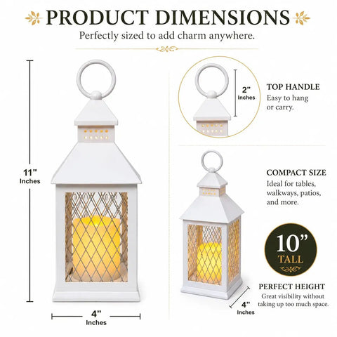 12 Piece 10 Inch Decorative Lantern Set With Flameless LED Candles And 5 Hour Timer For Indoor Outdoor Use White Rustic Vintage Look, showing product dimensions.