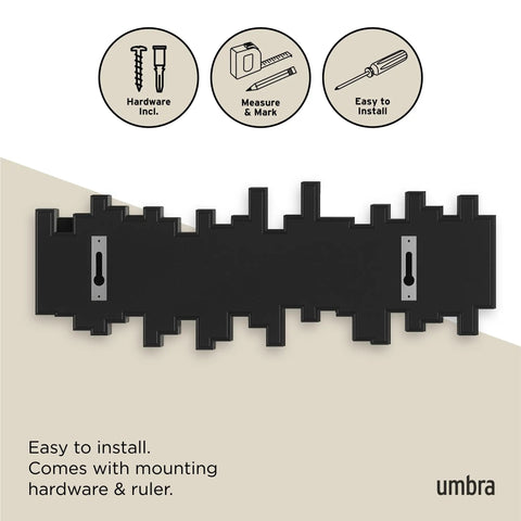 Sticks Wall Mounted Coat Rack With Five Retractable Pegs For Entryway Bedroom Or Office A Modern Space Saving Storage Organizer That Holds Hats Coats Bags And Clothes In A Slick Black Finish, with easy install icons and hardware included