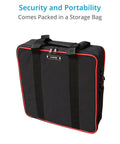 Rock Solid Heavy Duty Vehicle Camera Mount With Quick Lock Suction Cups And Flexible Extension Rods To Nail Every Shot On The Highway Holding Up Like A Boss storage bag with handles, black with red trim.