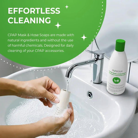 Gentle CPAP Mask And Hose Cleaning Soap Pack Of 3 Bottles, 250 ml Each, Green Tea Mint Scent, Alcohol Free Formula, Safe For Daily Use, Removes Oil And Dirt, Leaves No Harsh Residue, Extends CPAP Gear Life. CPAP mask under tap