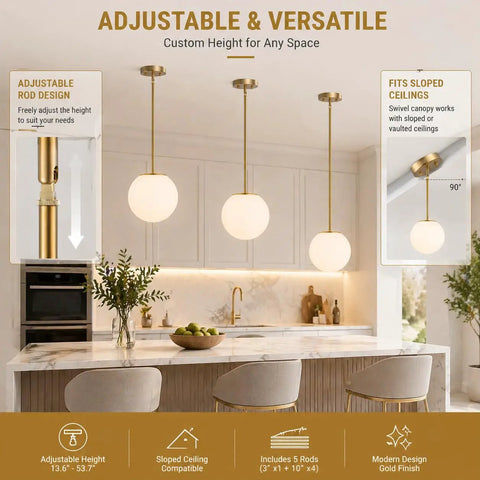 Mid Century Modern 1 Light Pendant Light With White Glass Globe Shade And Gold Finish Brushed Brass Fixture in kitchen
