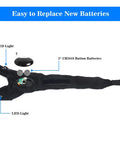 Inside view of LED flashlight glove with detachable LED light, two CR2016 batteries, and adjustable strap, labeled for easy battery replacement.