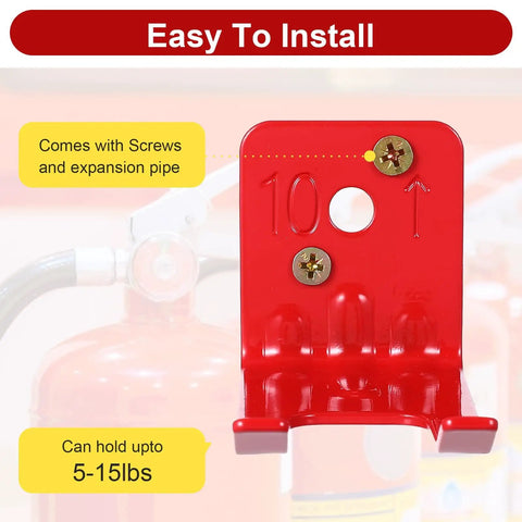 Heavy Duty Fire Extinguisher Mount Kit With Iron Brackets And Wall Hangers Holds 5 To 10 Lb Extinguishers Easy Install With Screws Built To Last And Corrosion Resistant Construction For Home Garage Workshop Safety showing red bracket with screws and text 'Easy To Install' on packaging.