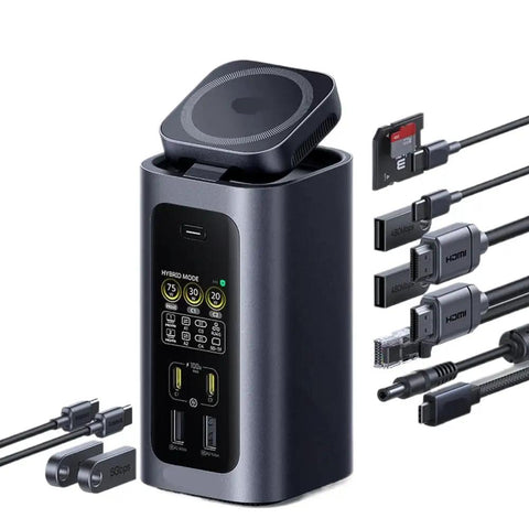 Plug Straight Into A Sick New Gear Flow With This Kickass Fifteen In One Docking Station Featuring One Sixty Watt Usb C Hub Qi Two Wireless Dual Hdmi Four K Screens For Your Laptop Daily Boost, showing USB-C ports and HDMI cables.