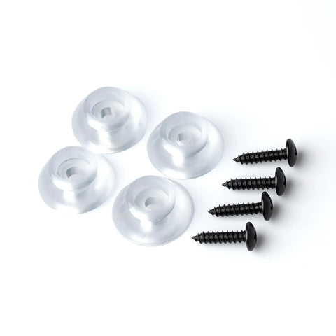 Badass Non Slip Cutting Board Feet With Heavy Stainless Steel Screws Plus Clear Rubber Bumper Pads, featuring four clear pads and six screws.