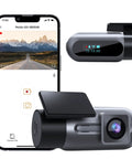 Smartphone app controls FHD 1080P Car Dash Cam with Night Vision, 150 Degree Wide Angle 6G Lens, and compact design shown.