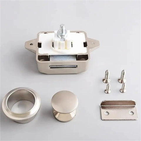 Rugged RV Push Latch Set for Drawer and Cabinet, Metal Button Lock With Thumb Twist Quick Release shown with installation parts
