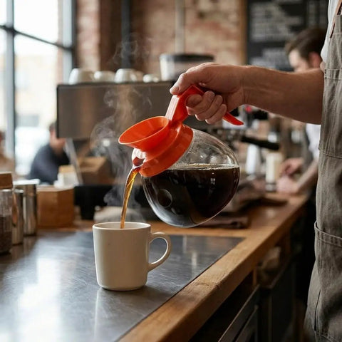 Person pouring coffee from a 64 Oz Commercial Glass Coffee Pot Decanter With Orange Decaf Handle For Restaurants, Cafes, And Offices.