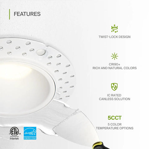 Trimless 2 Inch LED Recessed Light Canless Dimmable Downlight 15W 120V White with twist-lock and plaster over finish