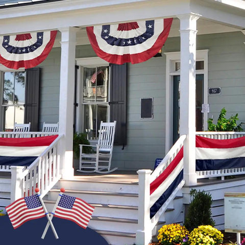 All American Patriotic Bunting Flags 4Pack 2x4 Ft Pleated Half Fan Flags For 4th Of July Outdoor Porch Decor on white porch