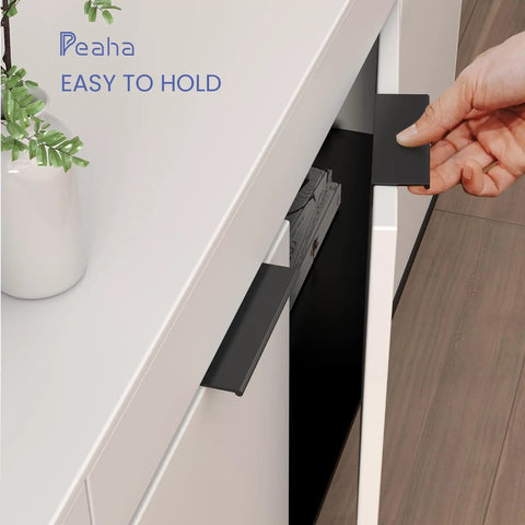 5 Inch Black Kitchen Cabinet Handles 10 Pack Modern Aluminum Alloy Finger Pulls For Cabinets Drawers And Dresser Doors With Sleek Hidden Mounting And Smooth Grips Durable Hardware Easy Install being used to open a drawer with ease.