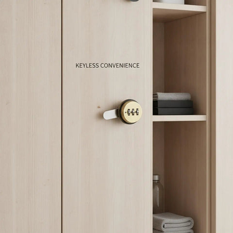Mechanical Combination Cam Lock For File Cabinets And Storage Lockers on light wood cabinet, showcasing keyless security.