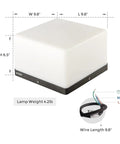 Chill Out In Style With These Modern Warm Led Post Cap Lights That Deliver Luxury Waterproof Vibes Perfect For All Your Fence Deck Garden And Patio Posts E26 Bulb Ready For Awesome Outdoor Living, shows dimensions and wire length.