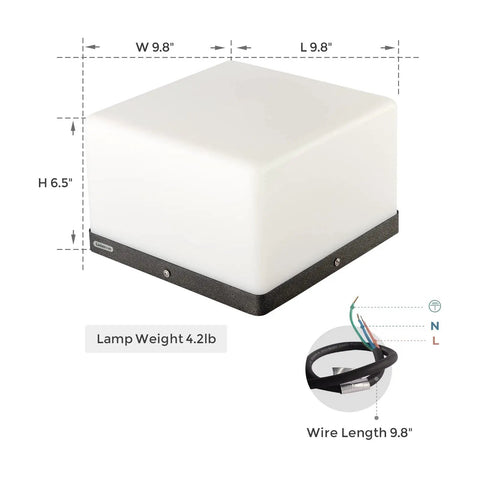 Chill Out In Style With These Modern Warm Led Post Cap Lights That Deliver Luxury Waterproof Vibes Perfect For All Your Fence Deck Garden And Patio Posts E26 Bulb Ready For Awesome Outdoor Living, shows dimensions and wire length.