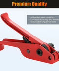 Heavy Duty Manual Poly Strapping Tensioner And Cutter Featuring Premium Hardened Steel Built Like A Tank For No Sweat Pallet Securing And Kickass Warehouse Operations All Day Long, red color, side view.