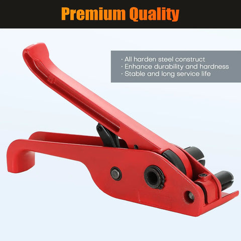 Heavy Duty Manual Poly Strapping Tensioner And Cutter Featuring Premium Hardened Steel Built Like A Tank For No Sweat Pallet Securing And Kickass Warehouse Operations All Day Long, red color, side view.