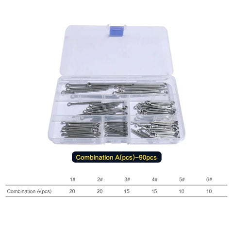 5 Set Cotter Pin Assortment Kit In 304 Stainless Steel, 90 Pieces, Assortment A Pack with smooth polished metal