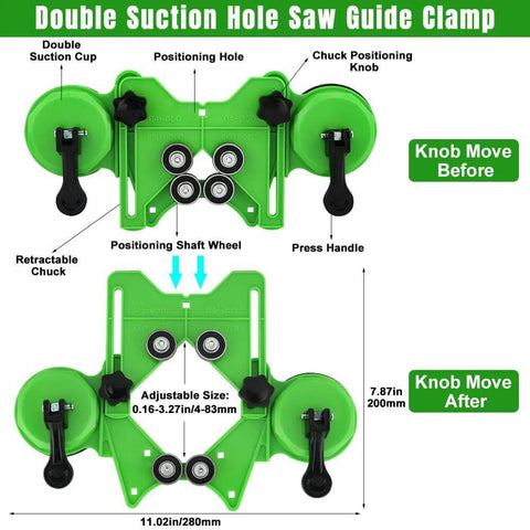 Front view of green tile hole saw guide clamp kit with double suction cups and adjustable 0.16-3.27 in (4-83 mm)
