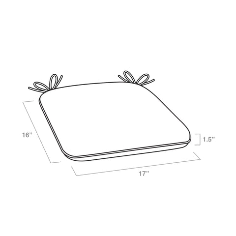 Diagram of Indoor Outdoor Foam Seat Pad Set, 2 Pack, 17 By 16 Inch Patio Cushions, Water Repellent And Fade Resistant, 1.5 Inch Thick with ties.