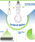 Diagram of Three Pack Motion Sensor Light Socket Adapters For E26 And E27 Bulbs, showing screw-in install and 360-degree sensing