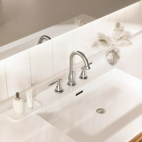 Sleek Chrome Widespread 8 Inch 3-Hole 2-Handle Bathroom Faucet With Valve And Metal Pop-Up Drain Assembly Lead-Free Easy Install
