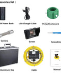 Accessories for Hardcore Heavy Duty Handheld Pipe Inspection Camera including power bank, camera, manual, and cables.