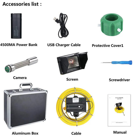 Accessories for Hardcore Heavy Duty Handheld Pipe Inspection Camera including power bank, camera, manual, and cables.