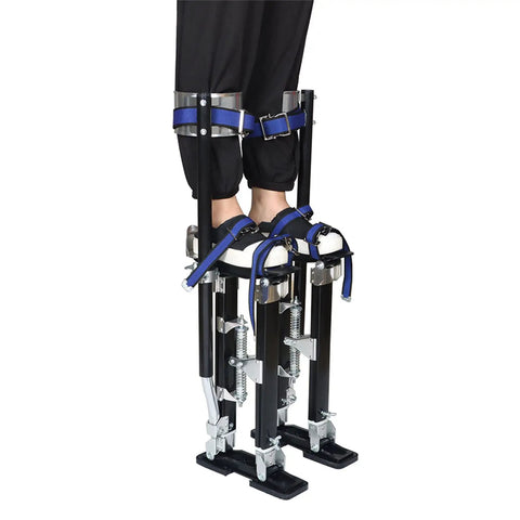Adjustable Aluminum Drywall Stilts For Painting And Cleaning, 18 To 30 Inch Range, worn by person with secure fit straps