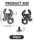Badass Gunmetal Scorpion Screw Back Studs 16 Sets Metal Rivet Buttons For Punk Leather Jacket Clothing Shoes Belts Dope DIY Craft Embellishments Rocker Style Hardware Supplies Accessories, featuring size dimensions.