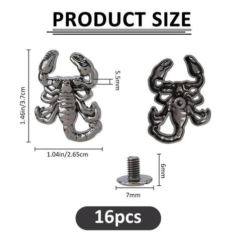 Badass Gunmetal Scorpion Screw Back Studs 16 Sets Metal Rivet Buttons For Punk Leather Jacket Clothing Shoes Belts Dope DIY Craft Embellishments Rocker Style Hardware Supplies Accessories, featuring size dimensions.