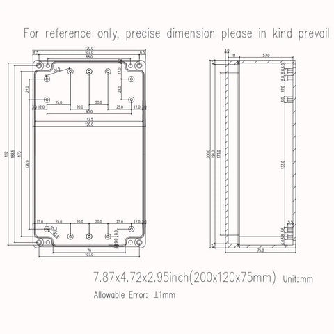 Technical drawing of IP65 Waterproof Outdoor ABS Project Box Junction Enclosure For Electrical Components, 7.9x4.7x2.95 inches.