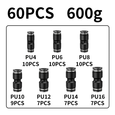 Pro Grade Pneumatic Fittings Kit For Air Hoses Straight Push In Quick Release Connectors 4mm 6mm 8mm 10mm 12mm 14mm 16mm Plastic Hose Couplings Easy Install Durable Black Boxed Pack For DIY And Professional Use, 60 pcs