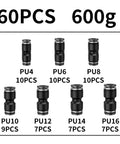 PU 4mm 6mm 8mm 10mm 12mm 14mm 16mm Air Straight Pneumatic Fittings Kit With Push In Quick Release Plastic Hose Couplings For Air Lines Black Boxed Five Pack Tough Easy Install And Leak Free Performance., 60pcs PU4 PU6 PU8 PU10 PU12 PU14 PU16 pneumatic fittings kit