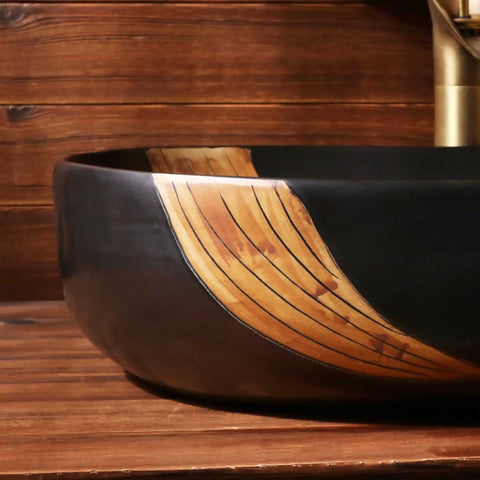 SDVantage Ceramic Bathroom Vessel Sink, Artistic Carved Countertop Basin Sink Black 59 * 40 * 15Cm showing unique wood-patterned design.