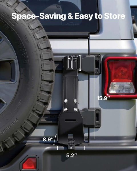 Rock Solid High Lift Jack Mount Bracket For Jeep Wrangler YJ TJ JK JL, shown mounted on rear, 15.9in tall, heavy-duty steel design.