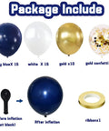 Bold Navy Blue Gold Confetti Balloons Set 50 Pack 12 Inch Latex Balloons With Ribbon in navy, white, metallic gold, gold confetti