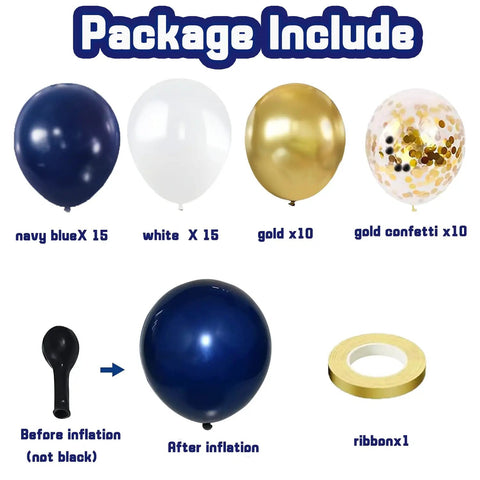 Bold Navy Blue Gold Confetti Balloons Set 50 Pack 12 Inch Latex Balloons With Ribbon in navy, white, metallic gold, gold confetti
