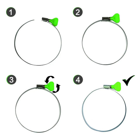 Instruction steps for 12 Pack Two and a Half Inch Key Type Adjustable Stainless Steel Hose Clamps with green thumb screw