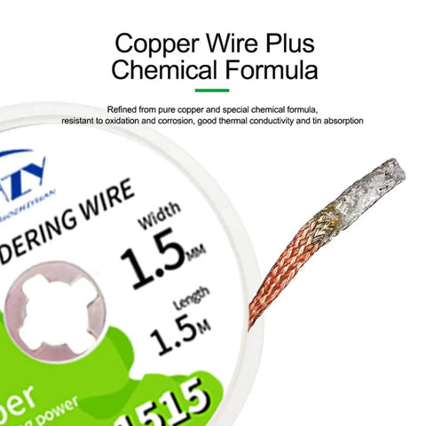 Desoldering Wick Braid Kit With Flux, 5 Pieces, 5 Foot Length, Solder Wick Set In 0.06 0.08 0.10 0.12 0.14 Inch Widths, No Clean Low Residue Coated Soldering Wick For PCB Electronics Repair No Fuss showing wire details and copper structure