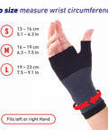 Compression Wrist Sleeve For Pain Relief And Thumb Support Black Small on hand, showing size guide for wrist circumference.