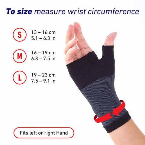 Compression Wrist Sleeve For Pain Relief And Thumb Support Black Small on hand, showing size guide for wrist circumference.