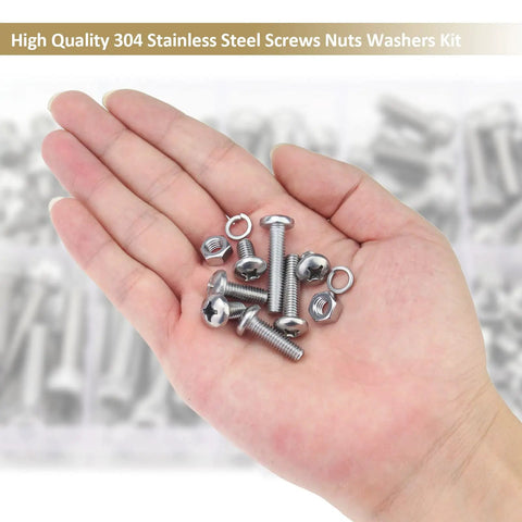 Hand holding Stainless Steel M6 Pan Head Machine Screw Kit With Nuts And Washers, 102-Piece Assortment in multiple lengths.